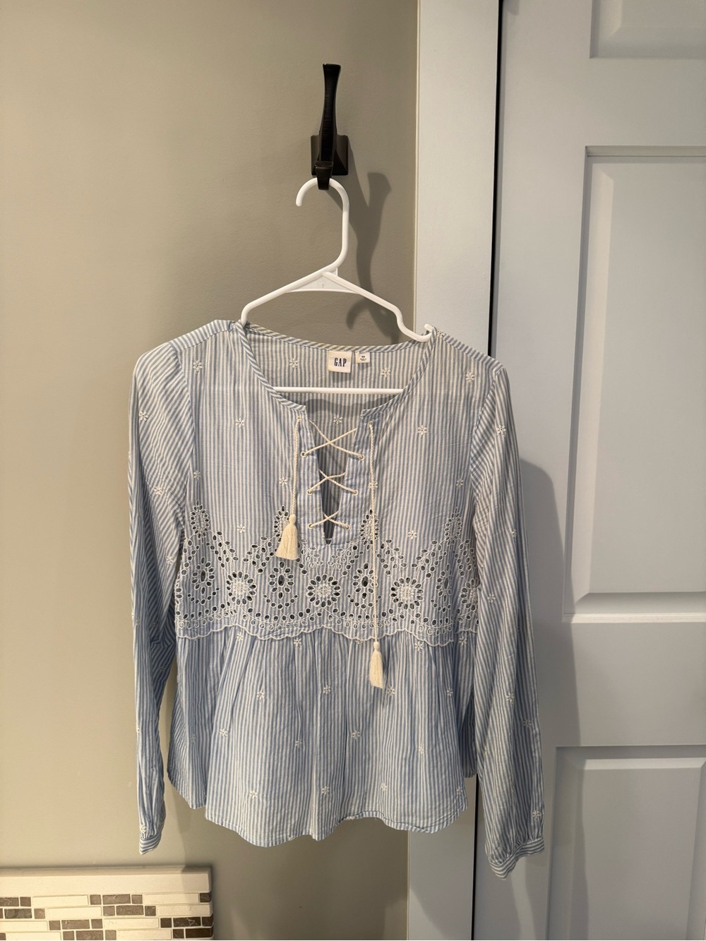 GAP Light Blue & White Striped Lace-Up Crochet Trim Top